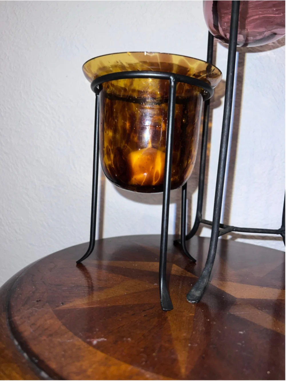 VTG Cheetah Leopard Candle Holder Amber Black Glass Metal Stand
